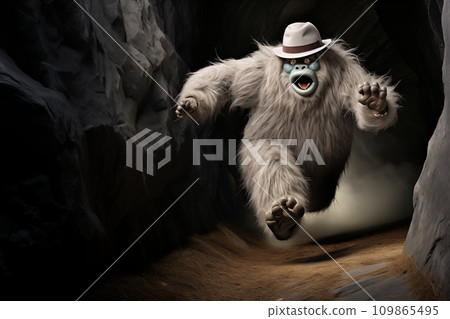 archeologist abominable Yeti running to you wearing fedora hat escaping from danger 109865495