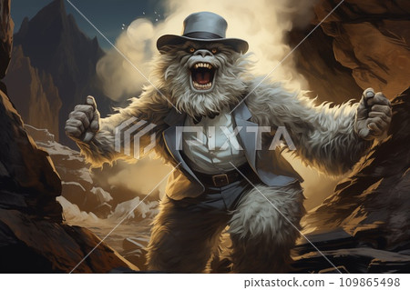 archeologist abominable Yeti running to you wearing fedora hat escaping from danger archeologist abominable Yeti running to you wearing fedora hat escaping from danger 109865498
