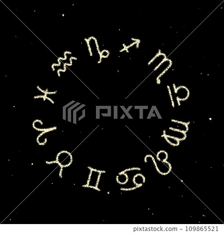 Astrology Zodiac signs wheel with twelve symbols in retro dotwork style. Full astrologic year, for New Years prognosis Astrology Zodiac signs wheel with twelve symbols in retro dotwork style. Full astrologic year, for New Years prognosis 109865521