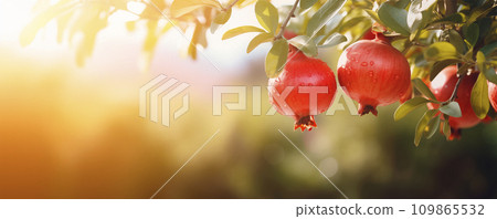 AI-generated content. Pomegranate tree close-up, fruit orchard background with copy space, AI generated 109865532