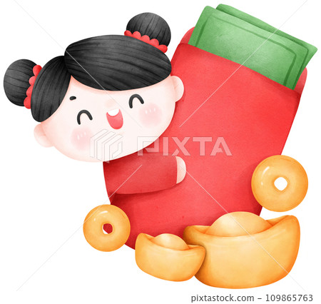 Cute cartoon Chinese kids with angpao, Happy Chinese New Year, watercolor illustration Cute cartoon Chinese kids with angpao, Happy Chinese New Year, watercolor illustration 109865763