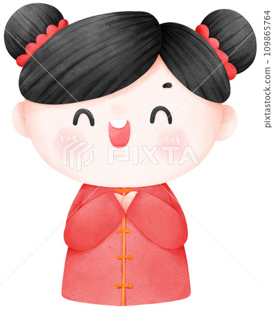 Cute cartoon Chinese kids greeting, Happy Chinese New Year, watercolor illustration 109865764