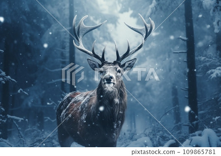 A noble male deer stands in the cold winter snow. 109865781
