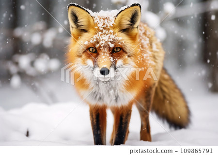 A red fox stands in the winter snow, looking towards the camera. A red fox stands in the winter snow, looking towards the camera. 109865791
