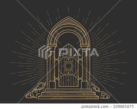 The gates of heaven, grate door to paradise in clouds, gates of hell arch, hades portal, vector 109865875