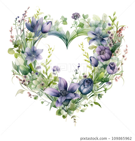 watercolor floral wreath in a heart shaped frame 109865962