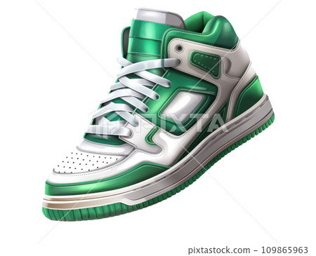a pair of white and green sneakers on a transparent background 109865963