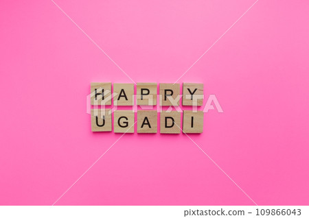 March 22, Ugadi, a minimalistic banner with an inscription in wooden letters March 22, Ugadi, a minimalistic banner with an inscription in wooden letters 109866043