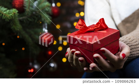 Woman holding gift box in hands. Christmas, New Year, birthday concept 109866263