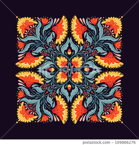 Vector decorative illustration with square floral ornament. Folk art tracery card with geometric red flowers Vector decorative illustration with square floral ornament. Folk art tracery card with geometric red flowers 109866276