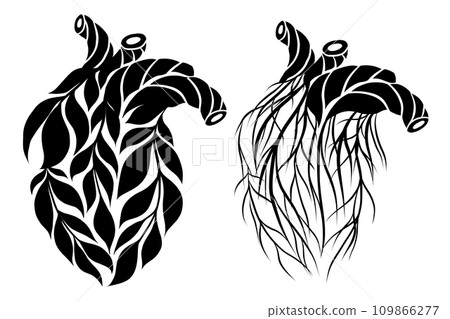 Vector set of black cliparts of healthy and unhealthy human hearts made of leaves and twigs isolated from background. 109866277
