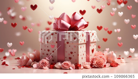 a big red flowery present box surrounded by hearts on a grey background 109866365