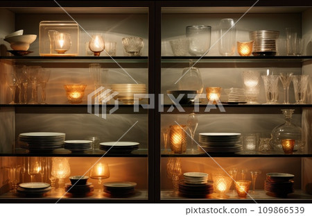 a glass display rack stacked with plates on top a glass display rack stacked with plates on top 109866539