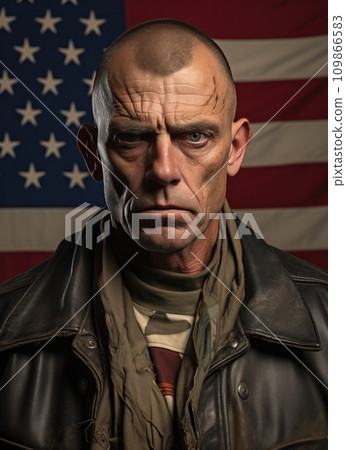 a man in military fashion in front of an american flag 109866583