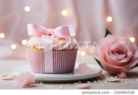 a cupcake is placed beside a gift box a cupcake is placed beside a gift box 109866586