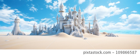 a sand castle on a beach with blue sky a sand castle on a beach with blue sky 109866587