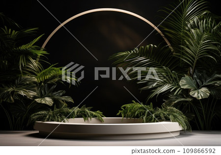 a round white podium with palm leaves in the background 109866592