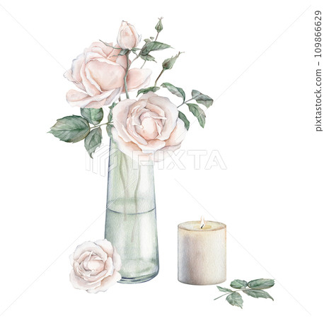 Watercolor composition from peach fuzz color roses and green leaves in glass jar and candle. Hand drawn illustration isolated background. Element painted natural plant twigs with light rose for design 109866629