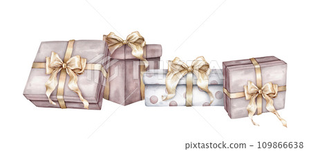 New Year and birthday beige and white with polka dots gift boxes with gold bows. Watercolor hand drawing illustration on isolated white background. Element for design holidays or wedding pastel colors New Year and birthday beige and white with polka dots gift boxes with gold bows. Watercolor hand drawing illustration on isolated white background. Element for design holidays or wedding pastel colors 109866638
