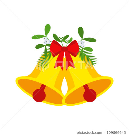 Two Christmas bells with red bow and leaf decor. 109866643