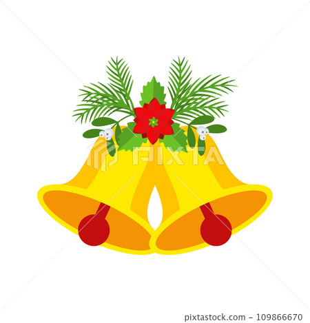 Two Christmas bells with poinsettia flower and fir branch floral garland. Two Christmas bells with poinsettia flower and fir branch floral garland. 109866670