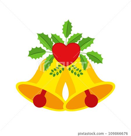 Two Christmas bells with heart and floral garland. Door wreath design element. Two Christmas bells with heart and floral garland. Door wreath design element. 109866676