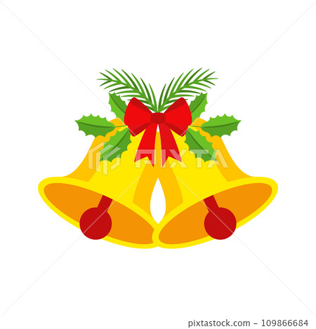 Two Christmas bells with red bow and leaf decor. 109866684