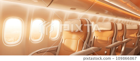 a large, open room inside an airplane with dark windows 109866867