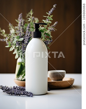 a bottle of lotion with some plants on it a bottle of lotion with some plants on it 109866868