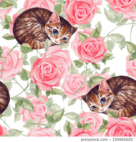Seamless pattern with cute sleepy cat and pink rose flowers. Watercolor design for background, wrapping paper, cards, textile Seamless pattern with cute sleepy cat and pink rose flowers. Watercolor design for background, wrapping paper, cards, textile 109866888
