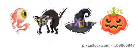 Halloween with Eye, Cat, Witch Hat and Pumpkin Vector Set Halloween with Eye, Cat, Witch Hat and Pumpkin Vector Set 109866947