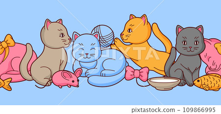 Pattern with cute kawaii cats. Fun animal background. Pattern with cute kawaii cats. Fun animal background. 109866995