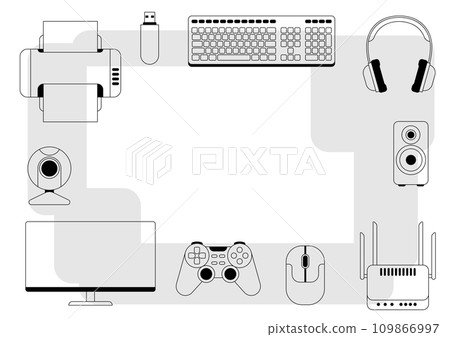Frame with computer equipment. Gaming technology and work devices. 109866997