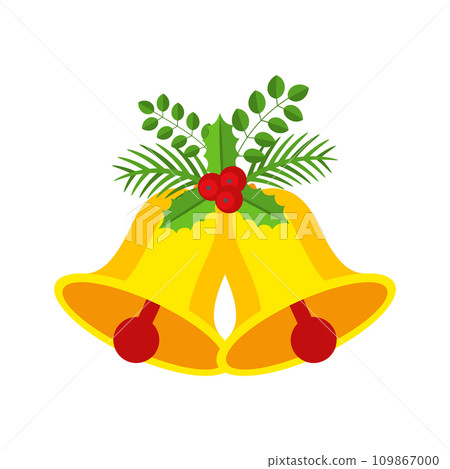 Two Christmas bells with holly berry floral garland. Two Christmas bells with holly berry floral garland. 109867000