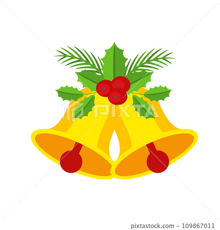 Two Christmas bells with holly berry floral garland. Two Christmas bells with holly berry floral garland. 109867011