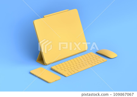 Computer tablet with keyboard, mouse and phone isolated on blue background. Computer tablet with keyboard, mouse and phone isolated on blue background. 109867067