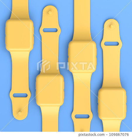 Stack of smart watches with colorful straps on black background. 109867076