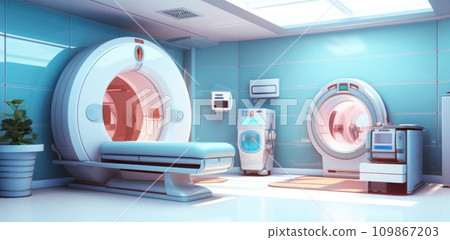 an image of an empty hospital room with a MRI machine 109867203