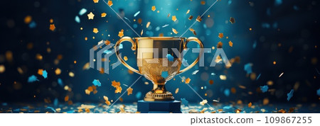 a trophy on a blue background with confetti scattered around a trophy on a blue background with confetti scattered around 109867255