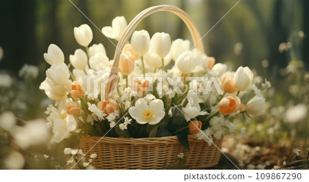 bouquet of white tulips in a basket bouquet of white tulips in a basket 109867290