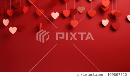 cut paper heart shapes hanging on a red background 109867320