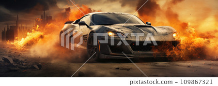 a sports car is burning out of control a sports car is burning out of control 109867321