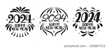 Set of festive round letterings. Black hand lettering 2024 Happy New Year. Illustration, vector 109867352