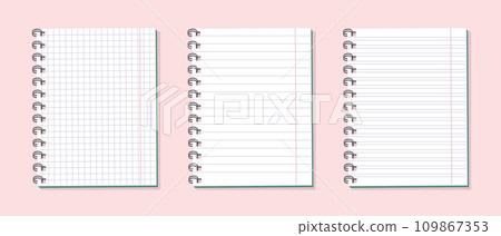 School notebook set. Mockups, blank checkered and line notepads on pink background. Illustration, vector School notebook set. Mockups, blank checkered and line notepads on pink background. Illustration, vector 109867353
