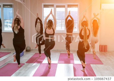 A group of six athletic women doing pilates or yoga on pink mats in front of a window in a beige loft studio interior. Teamwork, good mood and healthy lifestyle concept. A group of six athletic women doing pilates or yoga on pink mats in front of a window in a beige loft studio interior. Teamwork, good mood and healthy lifestyle concept. 109867437