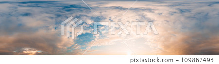 Sunset sky panorama with bright glowing pink Cumulus clouds. HDR 360 seamless spherical panorama. Full zenith or sky dome in 3D, sky replacement for aerial drone panoramas. Climate and weather change. 109867493
