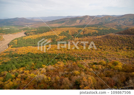 The autumn landscape of the mountain valley is an amazing, beautiful place at any time of the year. Hiking. Nature 109867506