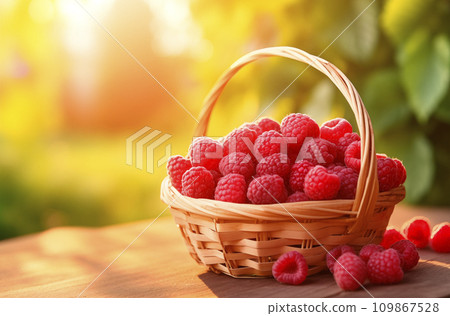 AI-generated content. Basket of fresh picked raspberries on wooden table in sunny forest background with copy space, AI generated 109867528
