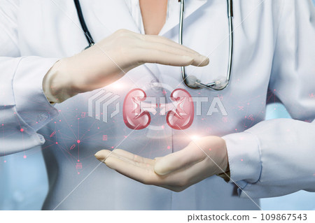 The doctor protects the kidneys with a gesture. 109867543