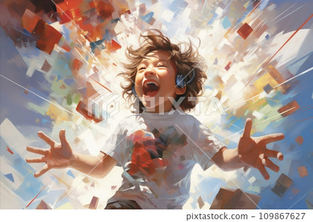 Cheerful happy Child Delightedly Engaging in Play with Vibrantly Colored Building Blocks 109867627